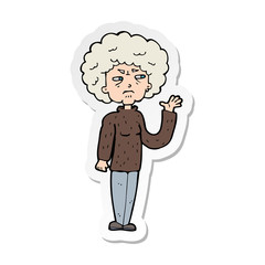 sticker of a cartoon annoyed old woman waving