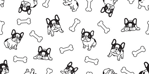 Dog seamless pattern french bulldog vector bone scarf isolated puppy cartoon illustration tile background repeat wallpaper doodle white