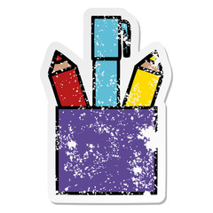 distressed sticker of a cute cartoon pencil pot