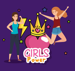power girls jumping celebrating with crown and heart