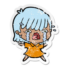 distressed sticker of a cartoon girl crying