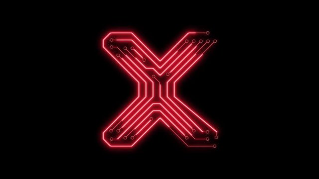 Animated red neon glowing alphabet letter X as circuit board style
