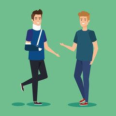 Fototapeta premium person and disabled man with hand fracture