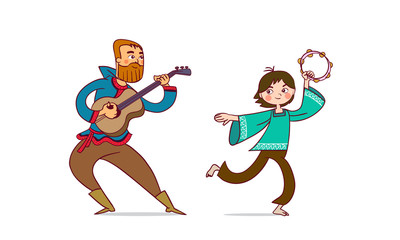 Beard man and a boy are dancing with music tools. Cartoon funny characters.