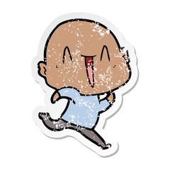 distressed sticker of a happy cartoon bald man