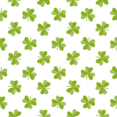 Seamless pattern with clover on a white background, for St. Patrick's Day. Excellent design for packaging, wrapping paper, textile, clothes and etc.