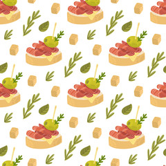 Seamless pattern with Tapas - traditional Spanish snack, with cheese, rosemary, jamon and olive on a white background. Excellent design for menu, brochures, poster, packaging, wrapping paper etc.