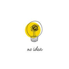 no creativity complicated idea concept illustration. simple line light bulb with yellow background and tangled filament thread vector design.