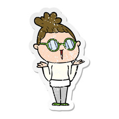 distressed sticker of a cartoon shrugging woman wearing spectacles