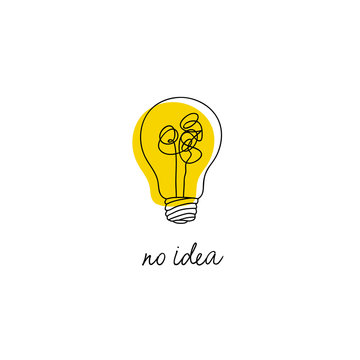 no creativity complicated idea concept illustration. simple line light bulb with yellow background and tangled filament thread vector design.