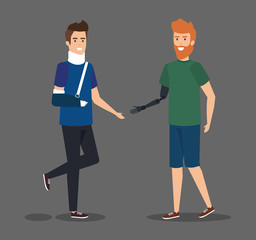 disabled man with hand fracture and other hand prosthesis