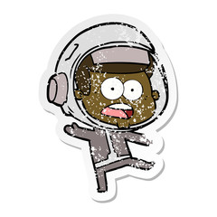 distressed sticker of a cartoon surprised astronaut