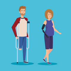 man walking with crutches and woman with hand prosthesis