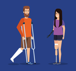 man with crutches and woman with hand prosthesis