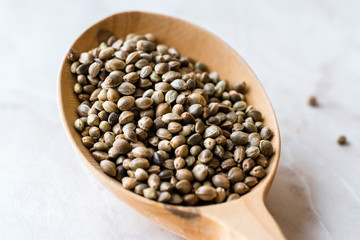 Organic Roasted Hemp Seeds in Wooden Spoon.