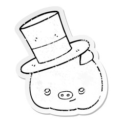 distressed sticker of a cartoon pig wearing top hat