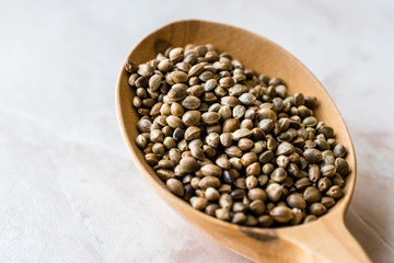 Organic Roasted Hemp Seeds in Wooden Spoon.