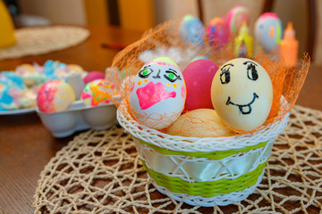 Funny painted eggs with bright colors. Happy easter
