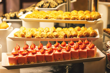 Showcase with  many cakes