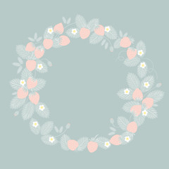 Summer or spring season frame with strawberry, leaves and flowers. Decoration element for cards and seasonal decor. Frame background pasterl pink and blue colors