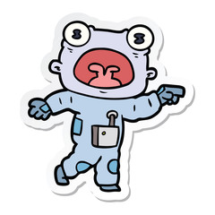 sticker of a cartoon weird alien communicating