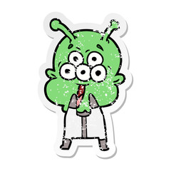 distressed sticker of a happy cartoon alien gasping in surprise