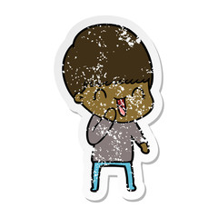 distressed sticker of a happy cartoon boy