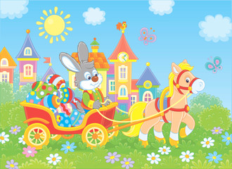 Little grey rabbit carrying colorfully decorated Easter eggs in a cart with a small pony against the background of small town houses, vector illustration in cartoon style