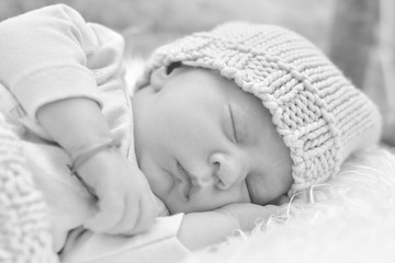 Newborn baby sleep first days of life. Cute little newborn child sleeping peacefully - Image