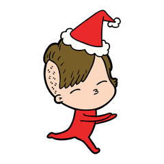 line drawing of a girl in onesie wearing santa hat