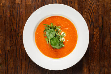 hot spicy roasted red pepper and tomato soup with shrimps