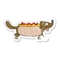 distressed sticker of a cartoon hotdog