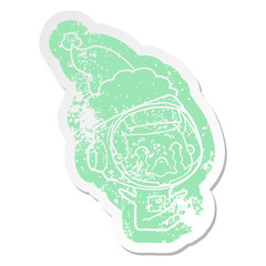 cartoon distressed sticker of a crying astronaut wearing santa hat