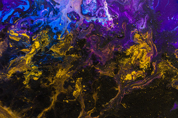 Creative blue violet gold abstract hand painted background wallpaper texture design close-up fragment stains of fluid acrylic watercolor oil painting picture canvas Modern Contemporary piece of art