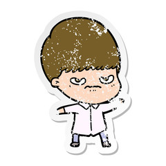 distressed sticker of a annoyed cartoon boy