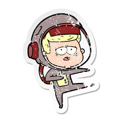 distressed sticker of a cartoon tired astronaut