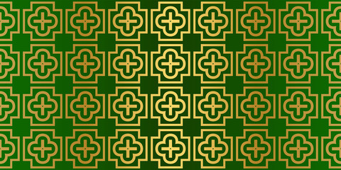 Seamless Patterns Set, Abstract Traditional Geometric Texture. Ornament For Interior Design, Greeting Cards, Birthday Or Wedding Invitations, Paper Print. Ethnic Background In East Style. Green gold