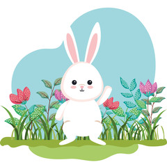 cute rabbit animal and flowers plants with leaves