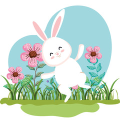 cute rabbit jumping and flowers plants with leaves
