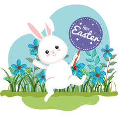 cute rabbit with easter sticker and flowers plants with leaves