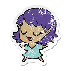 distressed sticker of a happy cartoon elf girl