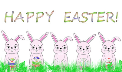 beautiful illustration with Easter eggs and a Bunny on a white background with the inscription 
