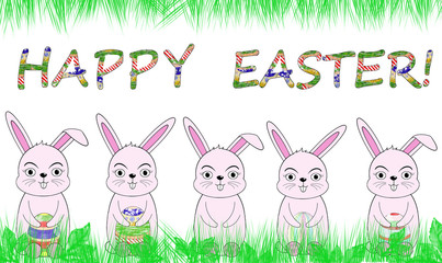beautiful illustration with Easter eggs and a Bunny on a white background with the inscription 