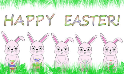 beautiful illustration with Easter eggs and a Bunny on a white background with the inscription 