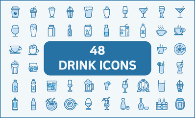 Set of 48 drink and beverage Related Vector Icons.solid style.   Contains such Icons as coffee, ice coffee, wine, beer, juice, milk, oak barrel, cafe mocha, tea, water, soda and more. 