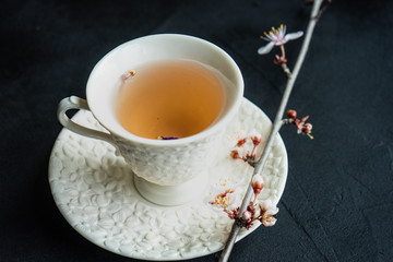 Cup of tea and blooming tree