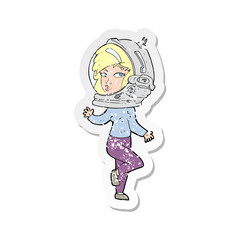 retro distressed sticker of a cartoon woman wearing space helmet