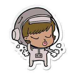 sticker of a cartoon pretty astronaut girl taking off space helmet