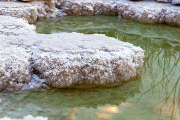 Reflection of the sky, clouds and trees in the water of the Dead Sea between salt formations at sunrise