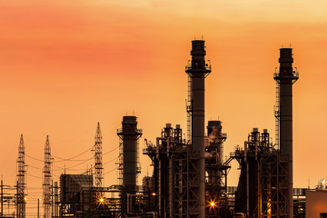Gas turbine electrical power plant at dusk with twilight 